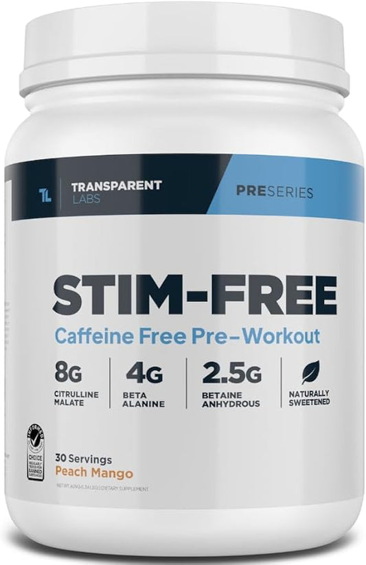 Transparent Labs Stim-Free Pre-Workout - Caffeine & Stim Free Pre Workout Powder Naturally Sweetened for Men and Women with Beta Alanine Powder, Citrulline Malate, & elevATP - 30 Servings, Peach Mango