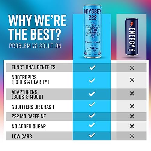 Odyssey 222 Energy Drink, Pre Workout, 222mg Caffeine, Clean Energy Drinks, L Theanine, Lions Mane, Cordyceps & Green Tea for Energy, Focus & Mood Boost, Low Calorie, Variety Pack, 12 Fl oz, 12 Pack
