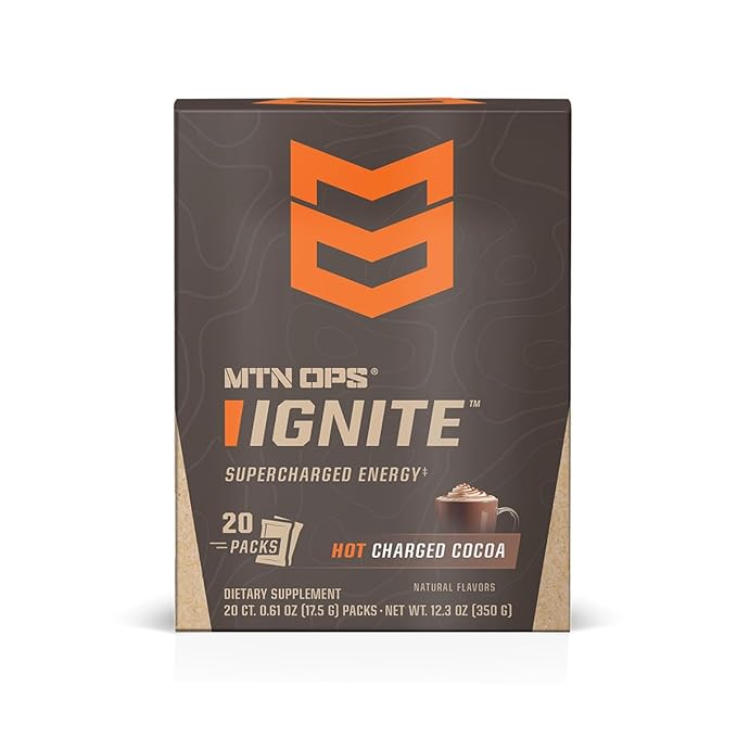 MTN OPS Hot Ignite Supercharged Energy Drink Mix Focus Enhancer, Charged Cocoa - 20 Trail Packs