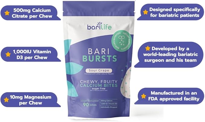 Calcium Citrate Bariatric Calcium Chews with 1000 IU Vitamin D3 - Ideal for Bariatric Patients - BariBurst by Bari Life (Sour Grape)