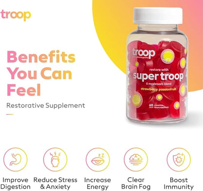 Troop Daily Super 6 Mushroom Blend for Immunity, Vitality, Mood, Balance, Gut Health, Energy - Restorative Supplement with Triple Extracted Fruit Body Blend - Vegan, Delicious Gummies, 60 Count
