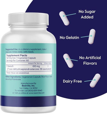 BESTVITE 7-Keto 100mg DHEA (60 Vegetarian Capsules) - No Stearates