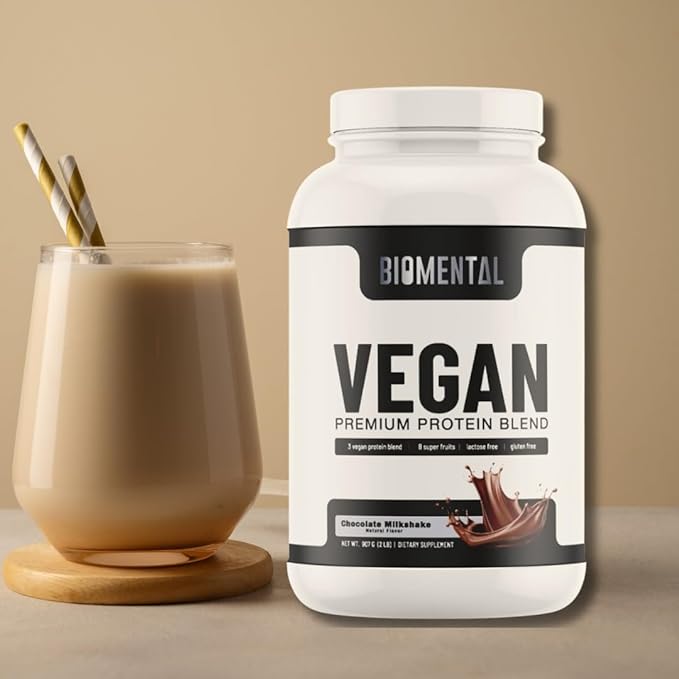 Biomental Vegan Chocolate Protein Powder - Plant-Based -Easy Absorption - Delicious Chocolate - Muscle Building, Ideal Healthy Vegan Lifestyle - Non-GMO, Gluten-Free Protein Supplement