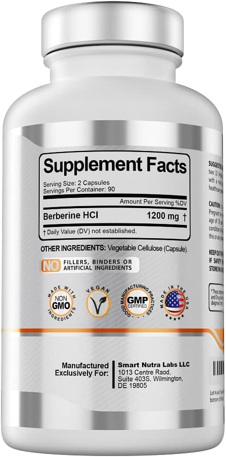 Smart Nutra Labs Premium Berberine HCL 1200mg- 180 Vegan Capsules, 100% Pure Berberine Supplement- Non-GMO, Gluten Free
