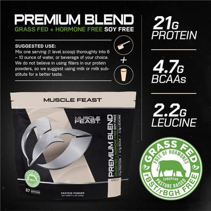 Muscle Feast Grass Fed Premium Blend Whey Protein, Hydrolyzed Whey, Isolate, Micellar Casein, Kosher Certified, 21g Protein, 100 Calories (Vanilla, 5lb)