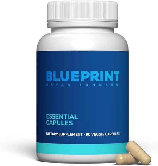 Blueprint Bryan Johnson Essential Capsules - Daily Multivitamin/Multimineral for Women and Men - Antioxidant Supplement with Calcium, Vitamin B1, Vitamin D, and Zinc - Vegan and Non GMO (30 Servings)