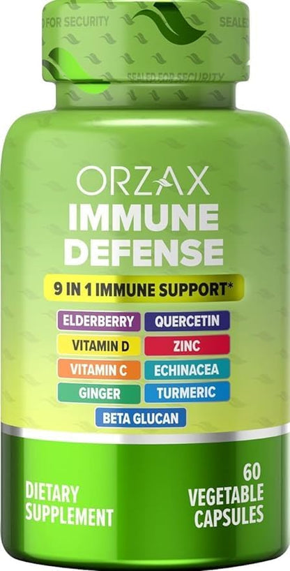 ORZAX 9 in 1 Immune Defense Supplement High Strength Vitamin C & D with Zinc, Quercetin, Turmeric & Ginger, Echinacea Capsules - Herbal Defense for Immune System Support - 60 Veg Capsules