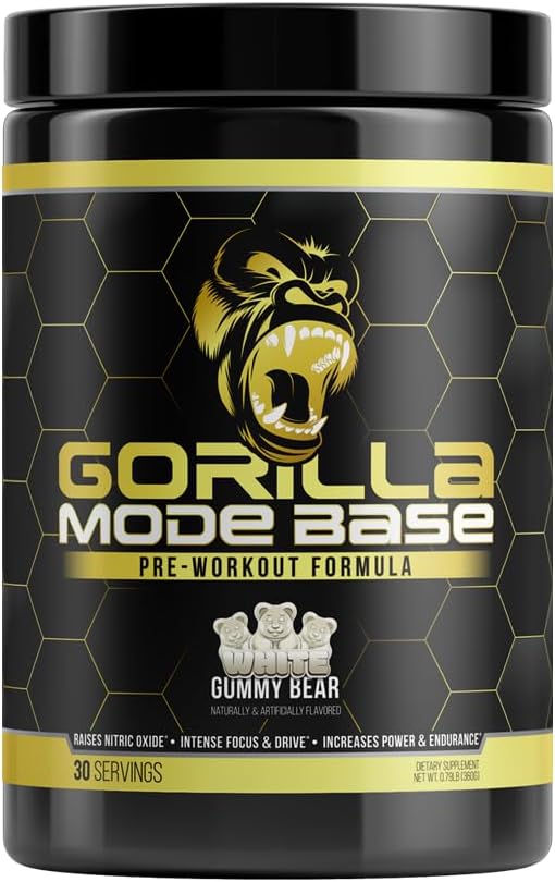 Gorilla Mode Base Pre Workout - Raises Nitric Oxide · Intense Focus & Drive · Endurance · Power - L-Citrulline, L-Tyrosine, Betaine, Alpha-GPC, Caffeine, Huperzine A - 360 Grams (White Gummy Bear)