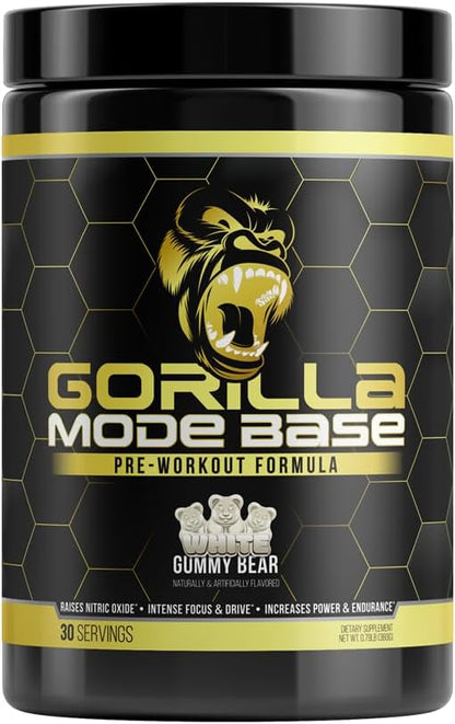Gorilla Mode Base Pre Workout - Raises Nitric Oxide · Intense Focus & Drive · Endurance · Power - L-Citrulline, L-Tyrosine, Betaine, Alpha-GPC, Caffeine, Huperzine A - 360 Grams (White Gummy Bear)