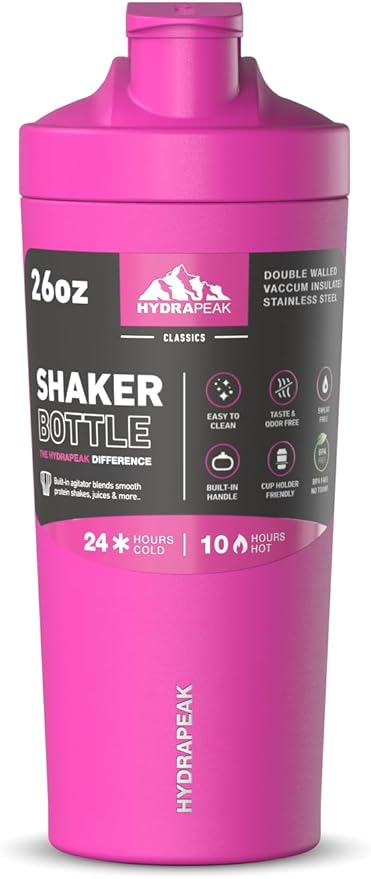 Hydrapeak Insulated Shaker Bottle, Shaker Bottles for Protein Mixes, Blender Shaker, Protein Shake Bottle, Stainless Steel Shaker Cup, Ice Shaker, Fuchsia