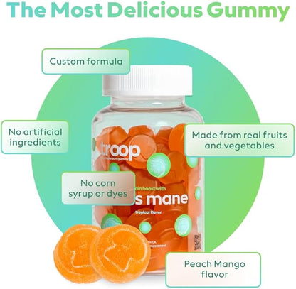 Troop Mushroom Lion's Mane Gummies, Supplement for Focus & Mood, Cognitive, Immune & Memory Support - Brain Boost, Natural Peach Mango Flavored Nootropic with Fruit Body Gummy - Vegan, 60 Count