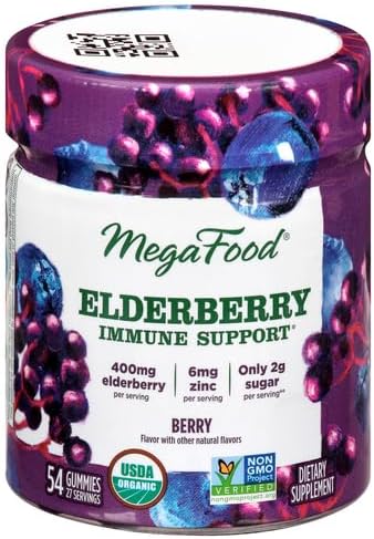 MegaFood Elderberry Immune Support Supplement - Vegan Elderberry Gummies for Adults - Made with Zinc and Real Food - Pectin-Based, Gluten-Free, USDA Organic - 54 Gummies, 27 Servings