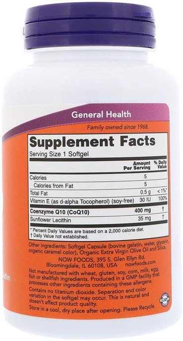 NOW Foods Supplements, CoQ10 400 mg, Pharmaceutical Grade, All-Trans Form produced by Fermentation, 60 Softgels