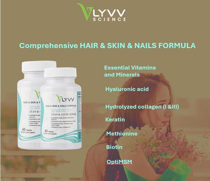 LYVV Hair&Skin&Nails Formula with Collagen, Keratin, Hyaluronic Acid, Antioxidants, Methionine, Biotin, Vitamin C, VItamine E and More - 60 Capsules