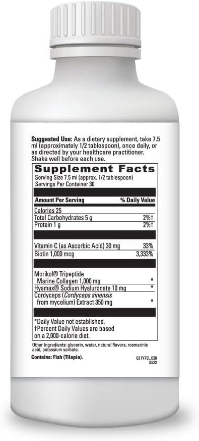 Marine Liquid Collagen Supplement -1,000mg Morikol Tripeptide Marine Collagen Plus 1,000mg Biotin Hyaluronic Acid Vitamin C Healthy Skin Hair Nails Joint Support GMP Certified Gluten&Soy Free