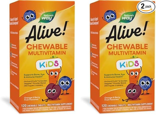 Nature's Way Alive! Children's Daily Chewable Multivitamin, Supports Bone, Eye, and Immune Health*, Orange & Berry Fruit Flavored, Gluten Free, 120 Chewable Tablets (Packaging May Vary) (Pack of 2)