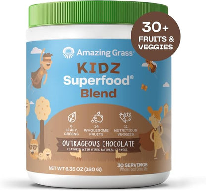 Amazing Grass Kidz Superfood: Organic Greens, Fruits, Veggies, Beet Root Powder & Probiotics for Healthy Kids, Outrageous Chocolate, 30 Servings, 6.35 Ounce (Pack of 1)