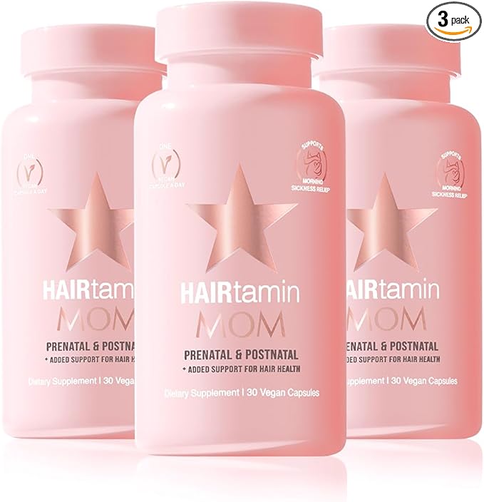 HAIRtamin MOM Vegan Prenatal & Postnatal Multivitamin Capsules & Hair Vitamins, Postpartum, Breastfeeding, Hair Nails, and Skin Vitamins for Women with Biotin, Zinc, Iron (3-Pack)