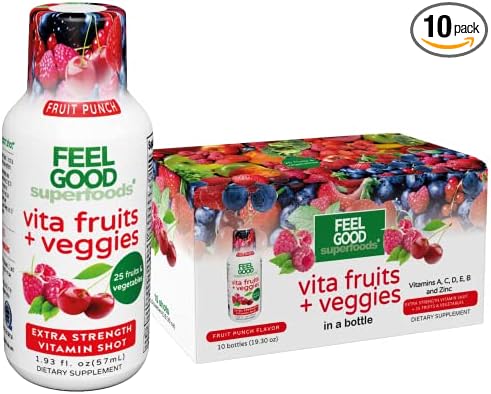 Vita Fruits and Veggies Immune Support Shot Supplements, Fruit Punch Flavor, Pack of 10 Immunity Shots, Immune System Booster Drink Made with 25 Organic Fruit & Vegetables