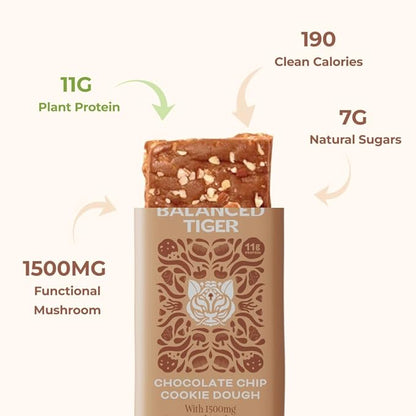 Organic Functional Mushroom Protein Bars | Full Dose (1500mg) Lions Mane, Chaga, Reishi & Cordyceps Bars | Vegan Protein Bars, Adaptogens, Superfoods Protein Bars | Chocolate Chip Cookie Dough Flavor