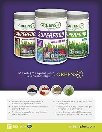 Greens+ Organic Wild Berry Superfood Powder, Antioxidant Polyphenol, Blend for Morning Kick, Energy, Vitality Boost, Nutrition, Vibrant Health, Dietary Supplement, Vegan Soy/Dairy/Gluten Free(8.46oz)