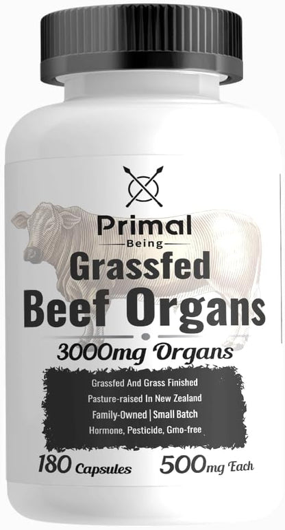 Primal Being Grassfed Beef Organ Complex - Liver, Heart, Pancreas, Spleen, & Kidney- Supports Overall Health & Performance - 180 Capsules, 3000mg per Serving