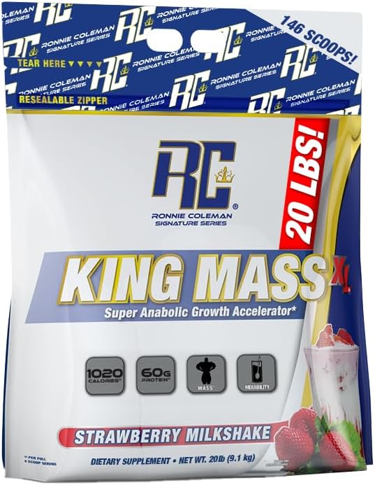 Ronnie Coleman Signature Series King Mass XL Mass Gainer Protein Powder, Muscle Gainer, 60g Protein, 180g Carbohydrates, 1,000+ Calories, Creatine and Glutamine, Strawberry Milkshake, 20 Pound