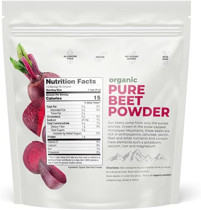 Pure Beet Root Powder Organic - Nitric Oxide Circulation Superfood, Supports Blood Flow & Heart Health - Increase Stamina & Natural Energy, 30+ Servings (1 LB Bag)