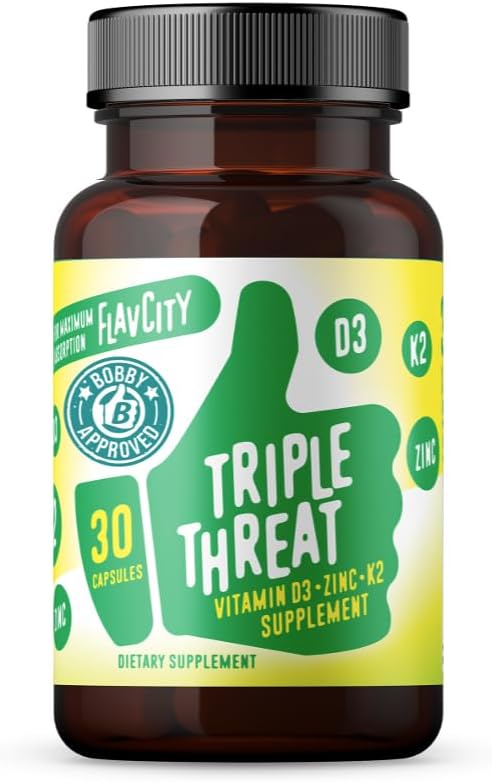 FlavCity Vitamin D Supplement, Triple Threat - 3-in-1 Dietary Supplement for Immune Support - Made with Vitamin D3, Zinc & Vitamin K2 for Maximum Absorption - 30 Capsules