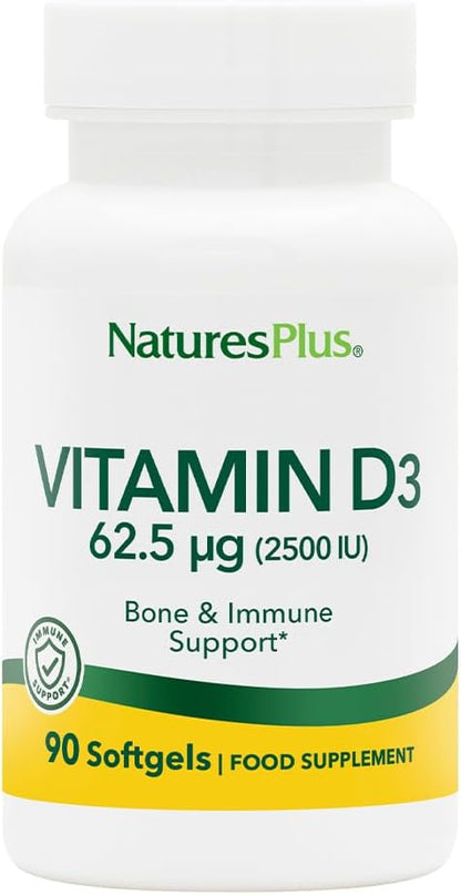 Natures Plus Vitamin D3 (Cholecalciferol) - 2500 iu, 90 Softgels - Bone Health, Heart Health & Immune System Support Supplement, Bioavailable Active Form - Gluten-Free - 90 Servings