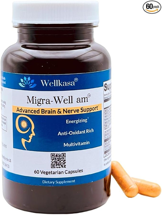 Migra-Well AM: Energizing Daily Methylated Multivitamin with Bioavailable Minerals & Antioxidants Supporting Brain & Nerve Heath for Women and Men - Without Iron (60 Capsules)