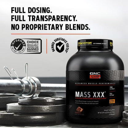 GNC AMP Mass XXX Mass Gainer Protein Powder | 50g Protein | Targeted Muscle Building and Workout Support Formula with MyoTor, BCAA and Creatine |Strawberry | 13 Servings