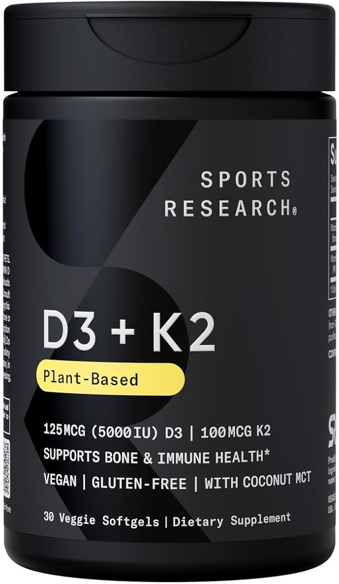 Sports Research Vitamin D3 K2 with Coconut Oil | Plant Based Vitamin K2 MK7 + Vegan D3 5000iu for Bone & Immune Health | Vegan Certified, Soy & Gluten Free - 30 Count Softgels