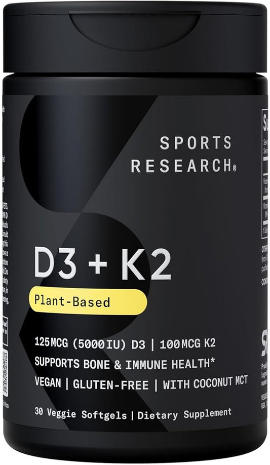 Sports Research Vitamin D3 K2 with Coconut Oil | Plant Based Vitamin K2 MK7 + Vegan D3 5000iu for Bone & Immune Health | Vegan Certified, Soy & Gluten Free - 30 Count Softgels