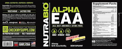 NutraBio Alpha EAA - All-Day Perfect Amino Acids for Muscle Growth - Essential Amino Acids - Full Spectrum EAA BCAA Powder- Amino Acid Supplement - 30 Servings - Strawberry Lemon