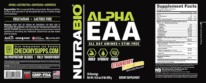 NutraBio Alpha EAA - All-Day Perfect Amino Acids for Muscle Growth - Essential Amino Acids - Full Spectrum EAA BCAA Powder- Amino Acid Supplement - 30 Servings - Strawberry Lemon