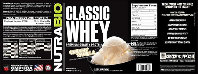 NutraBio Classic Whey Protein Powder- 25G of Protein Per Scoop - Full-Spectrum Amino Acid Profile - No Fillers, Artificial Colors, Preservatives - Low Glycemic Index - Creamy Vanilla, 5 Pounds