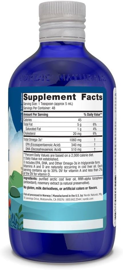 Nordic Naturals Arctic Cod Liver Oil, Unflavored - 8 oz - 1060 mg Total Omega-3s with EPA & DHA - Heart & Brain Health, Healthy Immunity, Overall Wellness - Non-GMO - 48 Servings