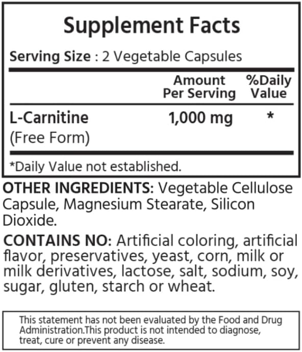 L-Carnitine 1000 mg 180 Vegan Capsules.99.9% Purity L-Carnitine. Supports Energy Production. Fitness Support.