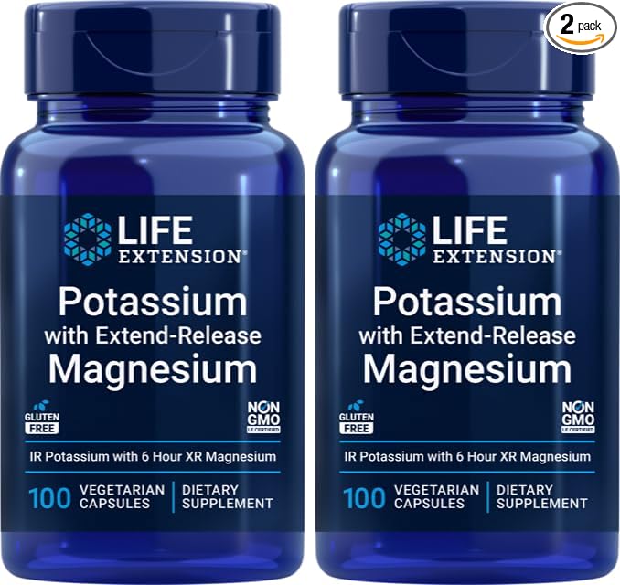 Life Extension 99mg Potassium with Extend-Release Magnesium 250mg, 100 Veg Caps (Pack of 2) - Gluten-Free – Non-GMO – Vegetarian Supplement for Men and Women - Dual-Action Mineral Formula