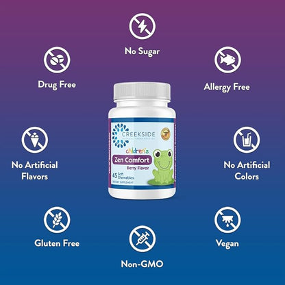 Zen Comfort for Kids, Organic Mood Support with 5-HTP, L-Theanine, Passionflower, Zinc, Pediatrician Formulated for Calm, Sugar-Free, Vegan, Berry Flavor, 45 Soft Chewables