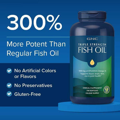GNC Triple Strength Omega 3 Fish Oil 1000mg, 30 Count, Supports Joint, Skin, Eye, and Heart Health