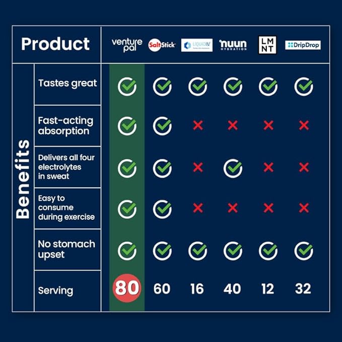 Venture Pal Chewable Electrolyte Tablets, Fast-Dissolve Sugar-Free Stick Salt Tablets - Variety Pack for Rapid Hydration, Outdoor Running, Hiking, Sports | Keto & Vegan Friendly | 80 Count (4 Pack)