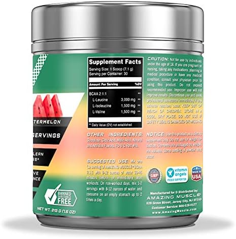 BCAA 2:1:1 Branched Chain Amino Acids Supplement | 6000 Mg Per Serving | 30 Servings | Watermelon Flavor