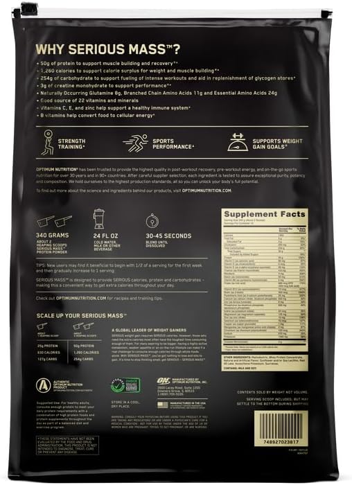 Optimum Nutrition Serious Mass, Weight Gainer Protein Powder, Mass Gainer, Vitamin C and Zinc for Immune Support, Creatine, Strawberry, 12 Pound (Packaging May Vary)