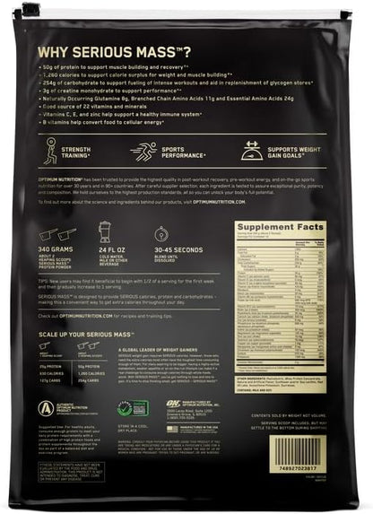 Optimum Nutrition Serious Mass, Weight Gainer Protein Powder, Mass Gainer, Vitamin C and Zinc for Immune Support, Creatine, Strawberry, 12 Pound (Packaging May Vary)