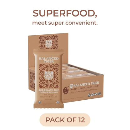 Organic Functional Mushroom Protein Bars | Full Dose (1500mg) Lions Mane, Chaga, Reishi & Cordyceps Bars | Vegan Protein Bars, Adaptogens, Superfoods Protein Bars | Chocolate Chip Cookie Dough Flavor