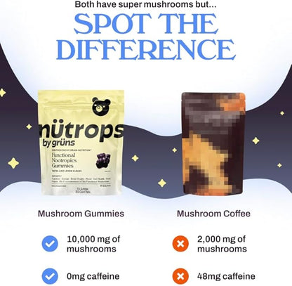 Gruns Nutrops, Sugar-Free Functional Nootropics Mushroom Gummies, Herbal Brain Supplement Gummy for Energy, Brain Health, Mood & Focus - Cordyceps, Lions Mane, Reishi, Maitake, Chaga & Coriolus Blend