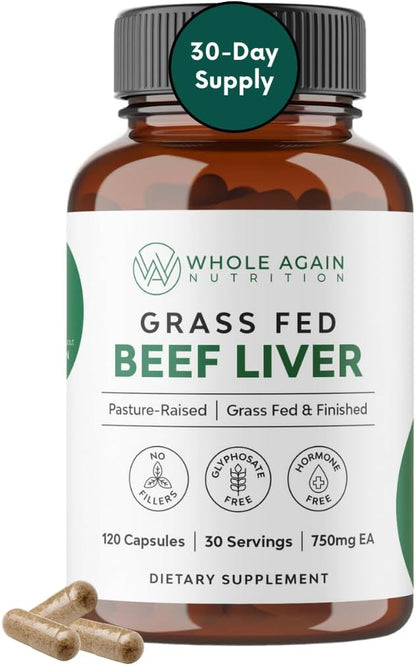 Grass Fed Beef Liver Capsules - 100% Pasture Raised - No Fillers or Flow Agents - 120 Count 3,000mg Serving - 30-Day Supply - Iron and Energy - Grass fed Desiccated Liver Supplement