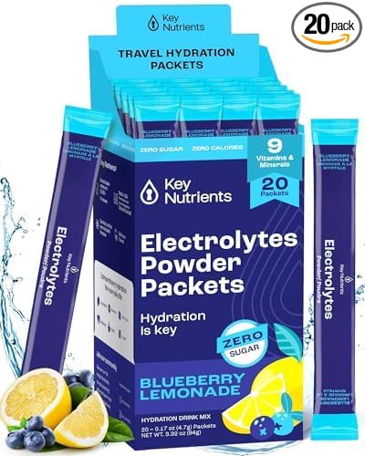 KEY NUTRIENTS Multivitamin Electrolytes Powder Packets - Delicious Blueberry Lemonade 20 Pack Hydration Packets - Travel Hydration Powder - No Sugar, No Calories, Gluten Free - Made in USA